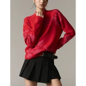 Anthropologie Maeve CARYS Mock Neck Sweater Women’s XL Red Pink Floral Oversized